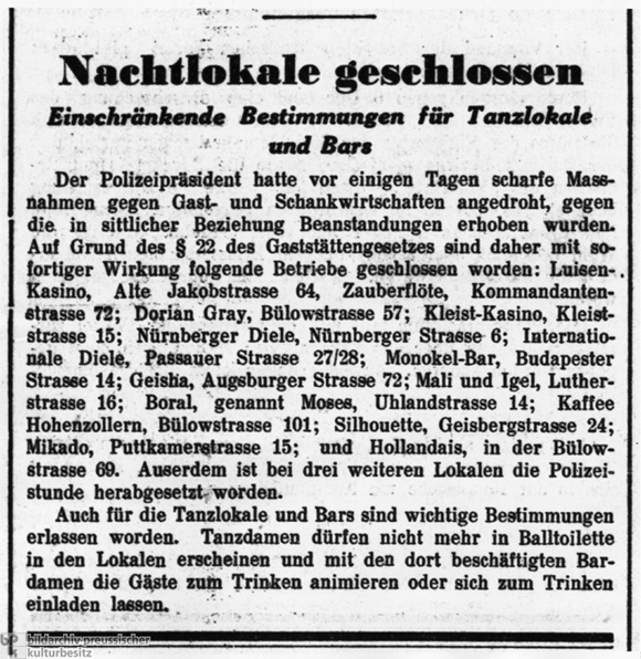 Das <i>Berliner Tageblatt</i> meldet die vom Berliner Polizeipräsidenten geschlossenen Schwulen- und Lesbenkneipen in Berlin (4. March 1933)